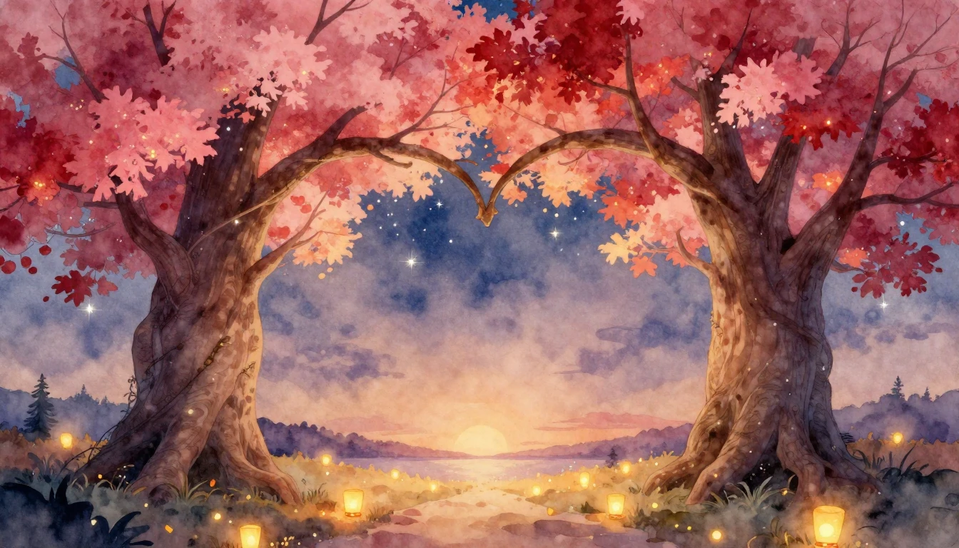 A whimsical and romantic watercolor painting featuring two l...