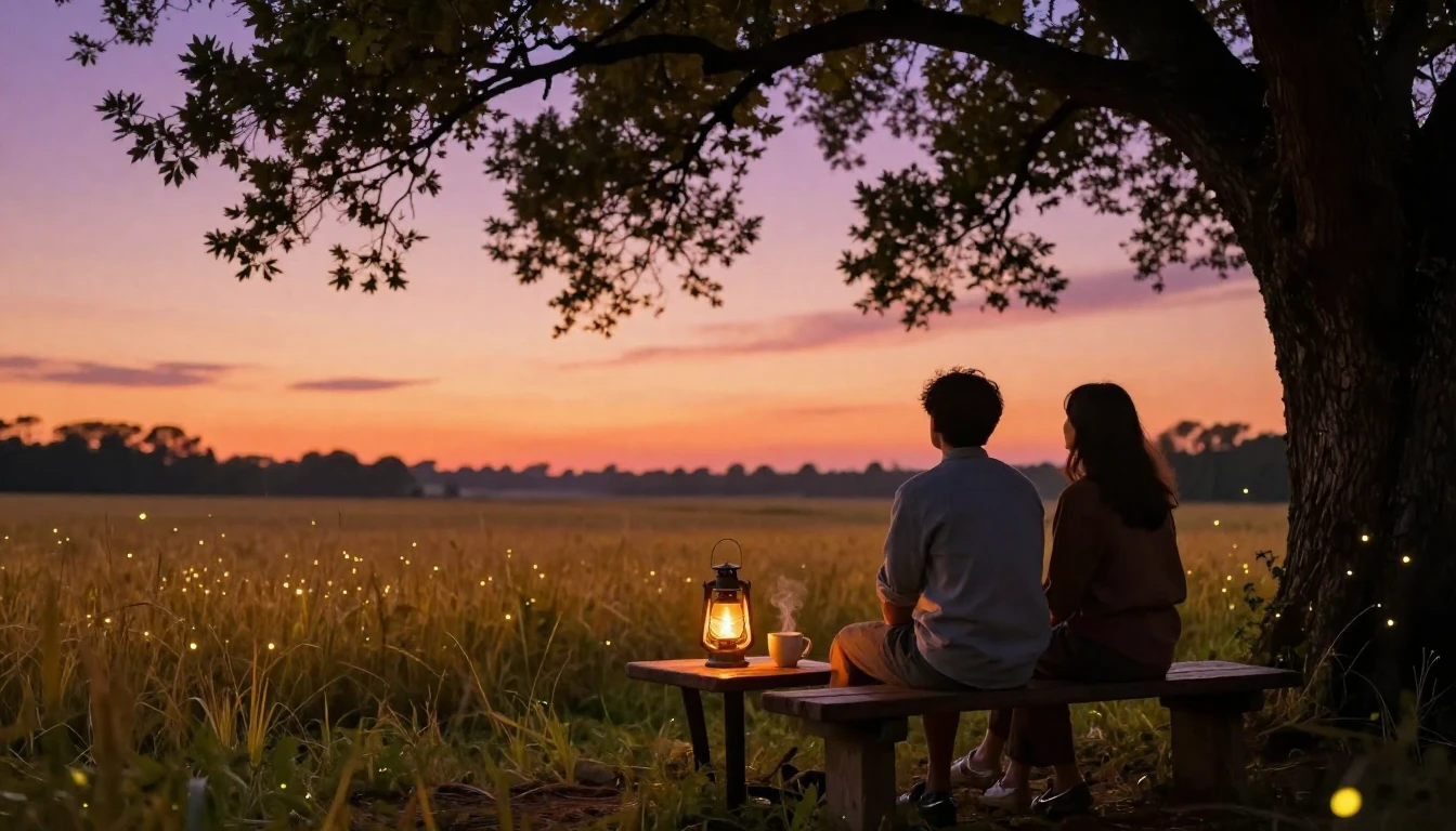 A warm and inviting scene at sunset in a lush, golden meadow...