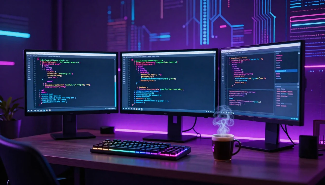 A futuristic and cozy programmer workspace scene without hum...