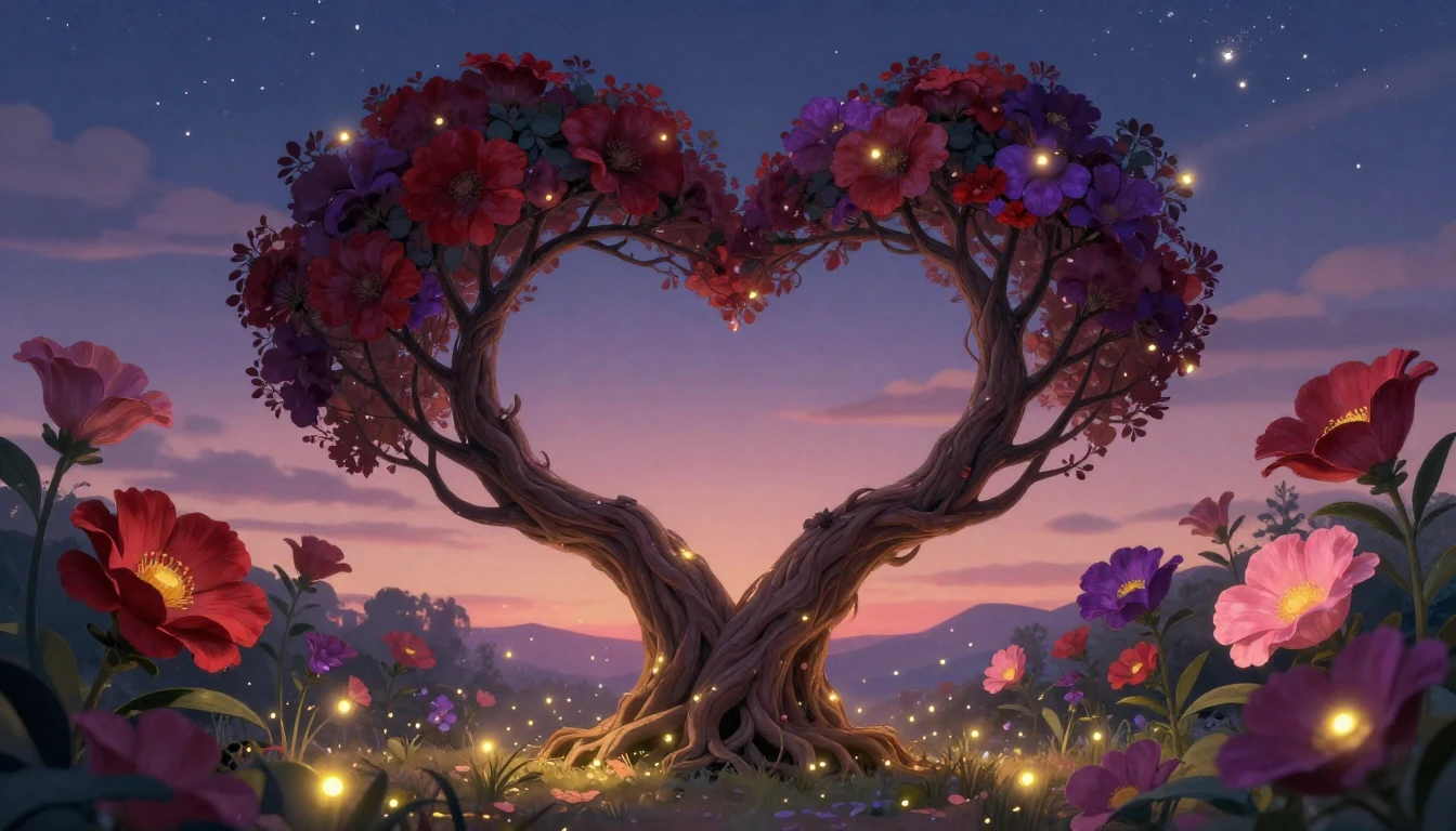 A romantic and dreamy illustration depicting two intertwined...