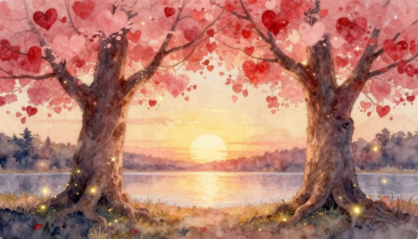 A dreamy and ethereal watercolor painting depicting two larg...