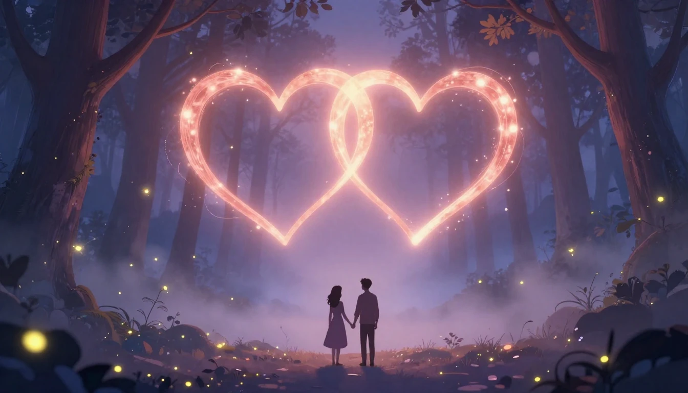 A romantic and whimsical illustration featuring two intertwi...