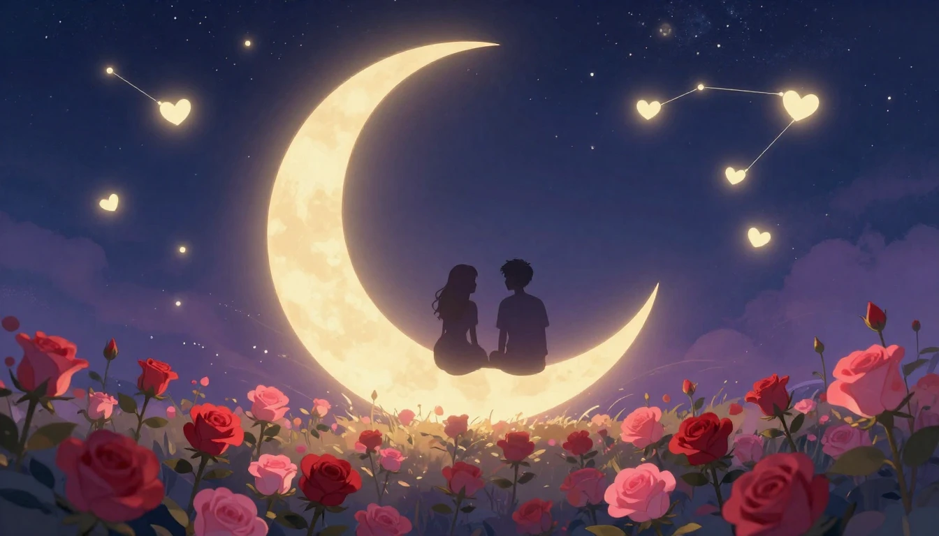 A romantic and dreamy illustration featuring two silhouetted...