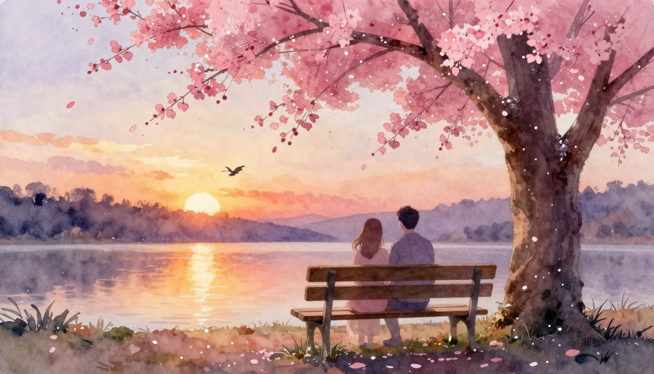 A soft and dreamy watercolor painting depicting a romantic s...
