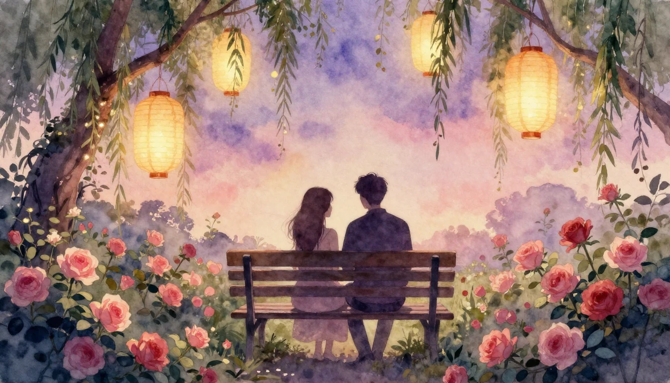 A dreamy watercolor painting of a romantic garden at twiligh...