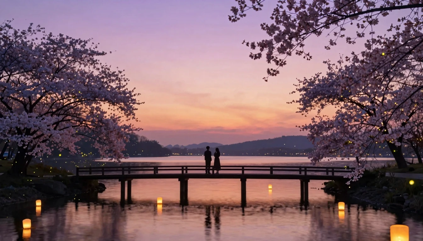 A dreamy romantic landscape at twilight with a soft golden h...