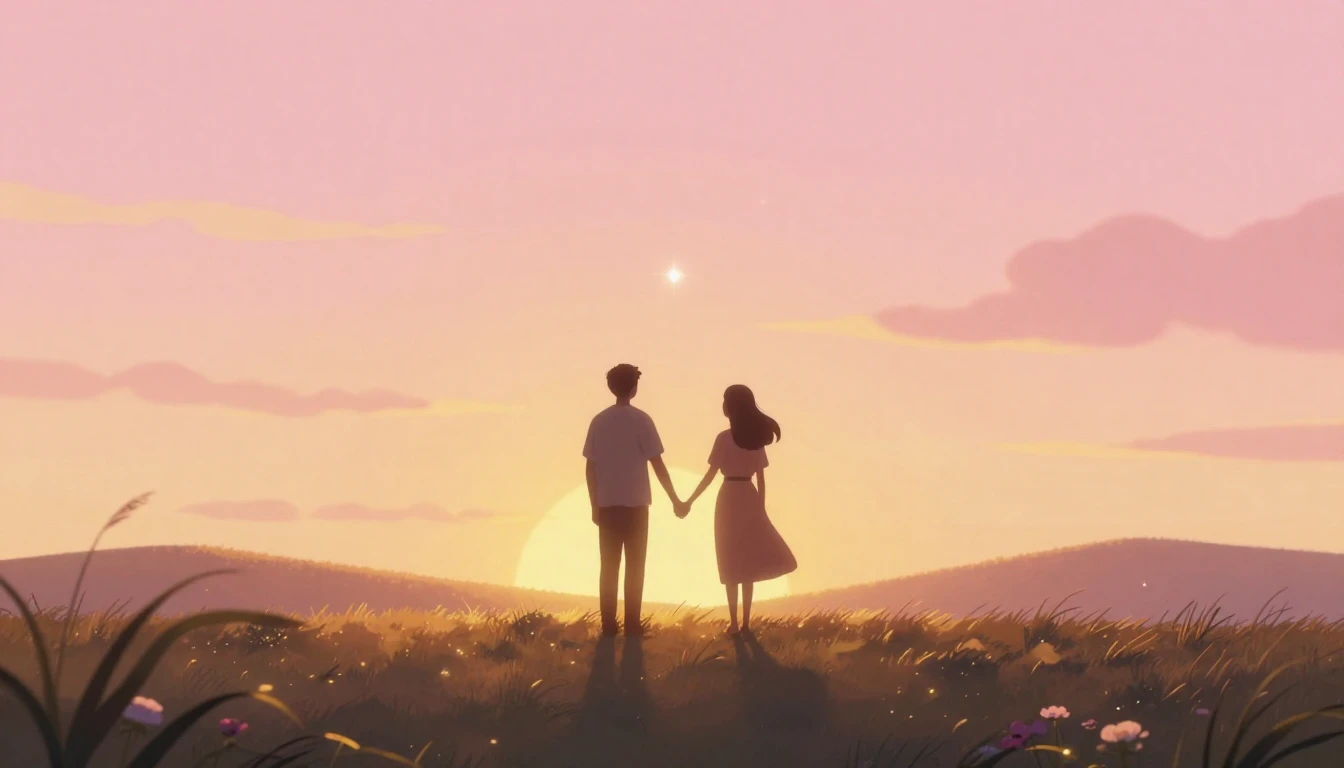 A warm and romantic illustration depicting two silhouetted f...
