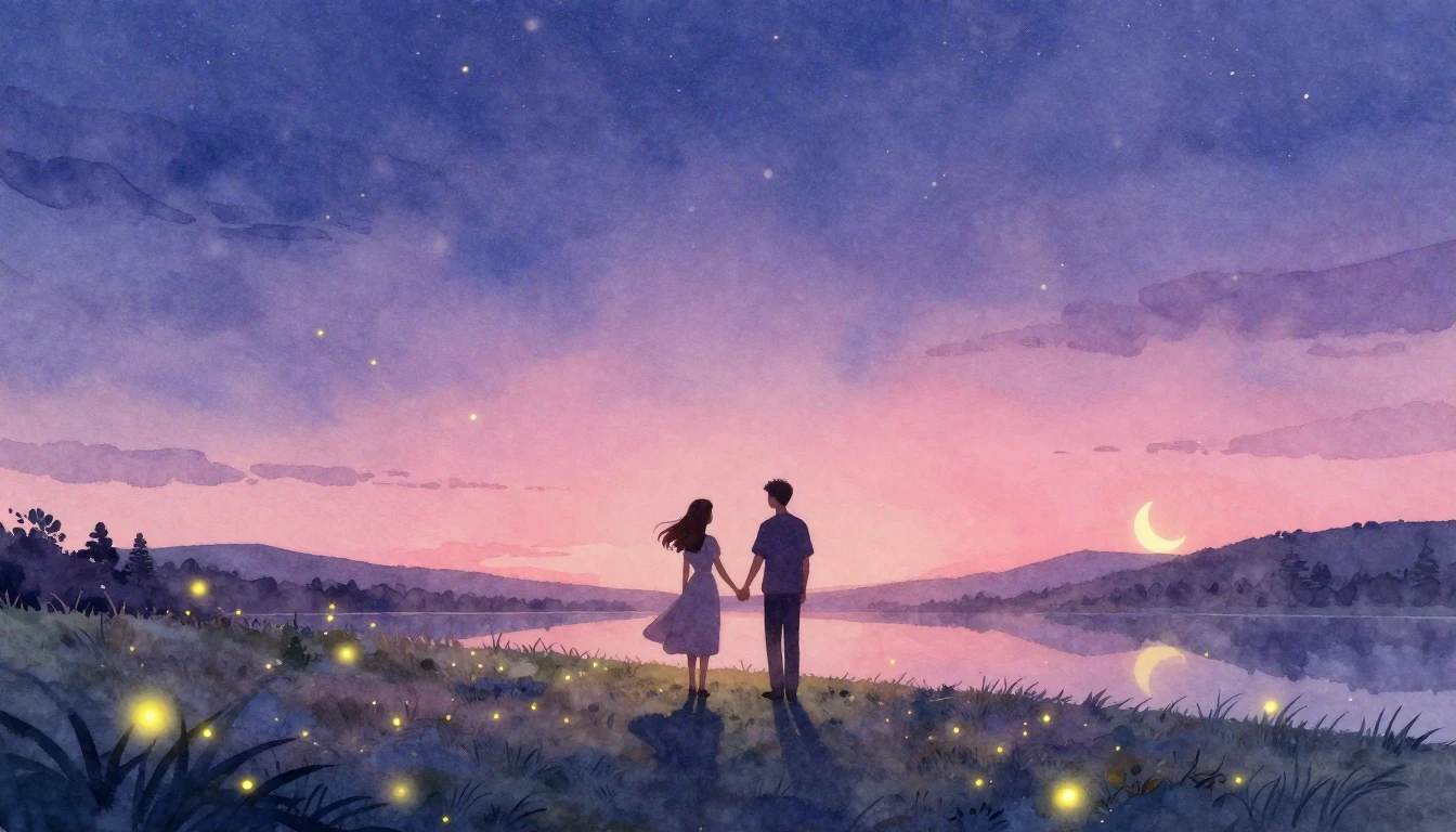 A romantic and dreamy watercolor illustration depicting two ...