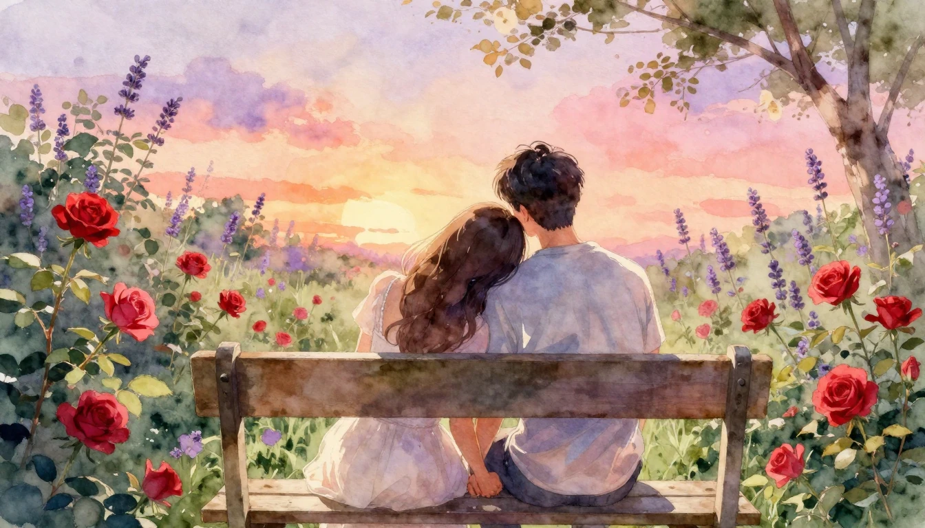 A romantic and dreamy watercolor illustration of a couple si...
