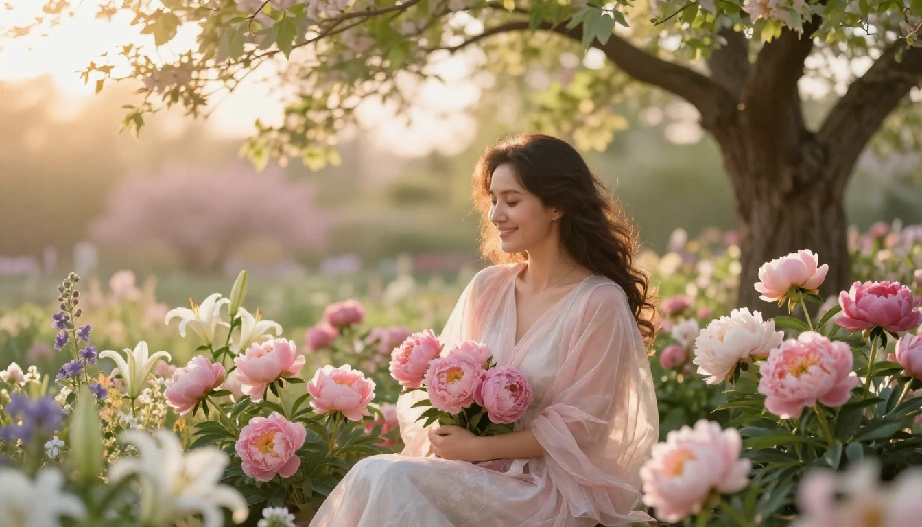 A serene and heartwarming scene in a blooming spring garden ...