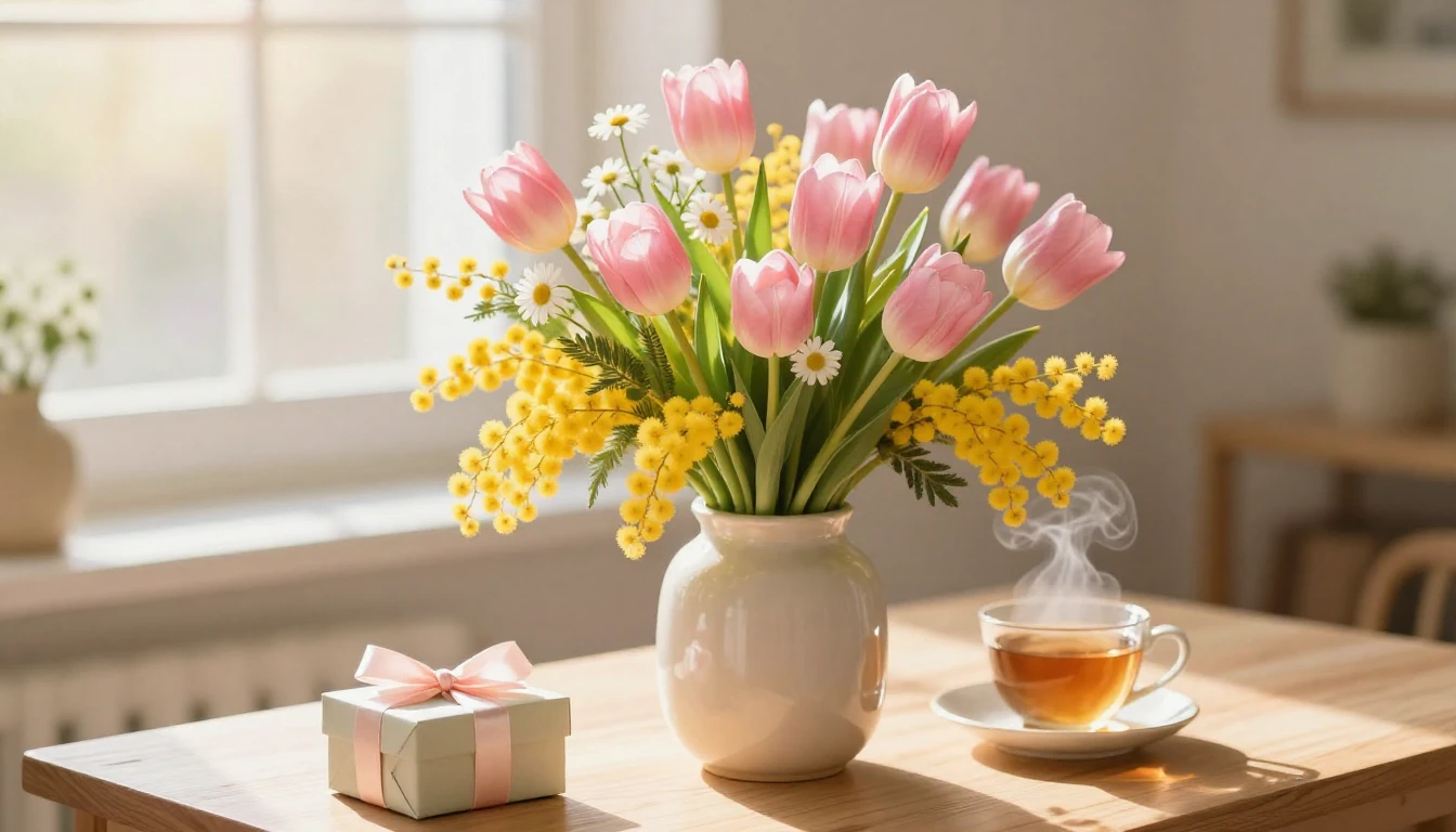 A beautiful and vibrant bouquet of spring flowers, including...