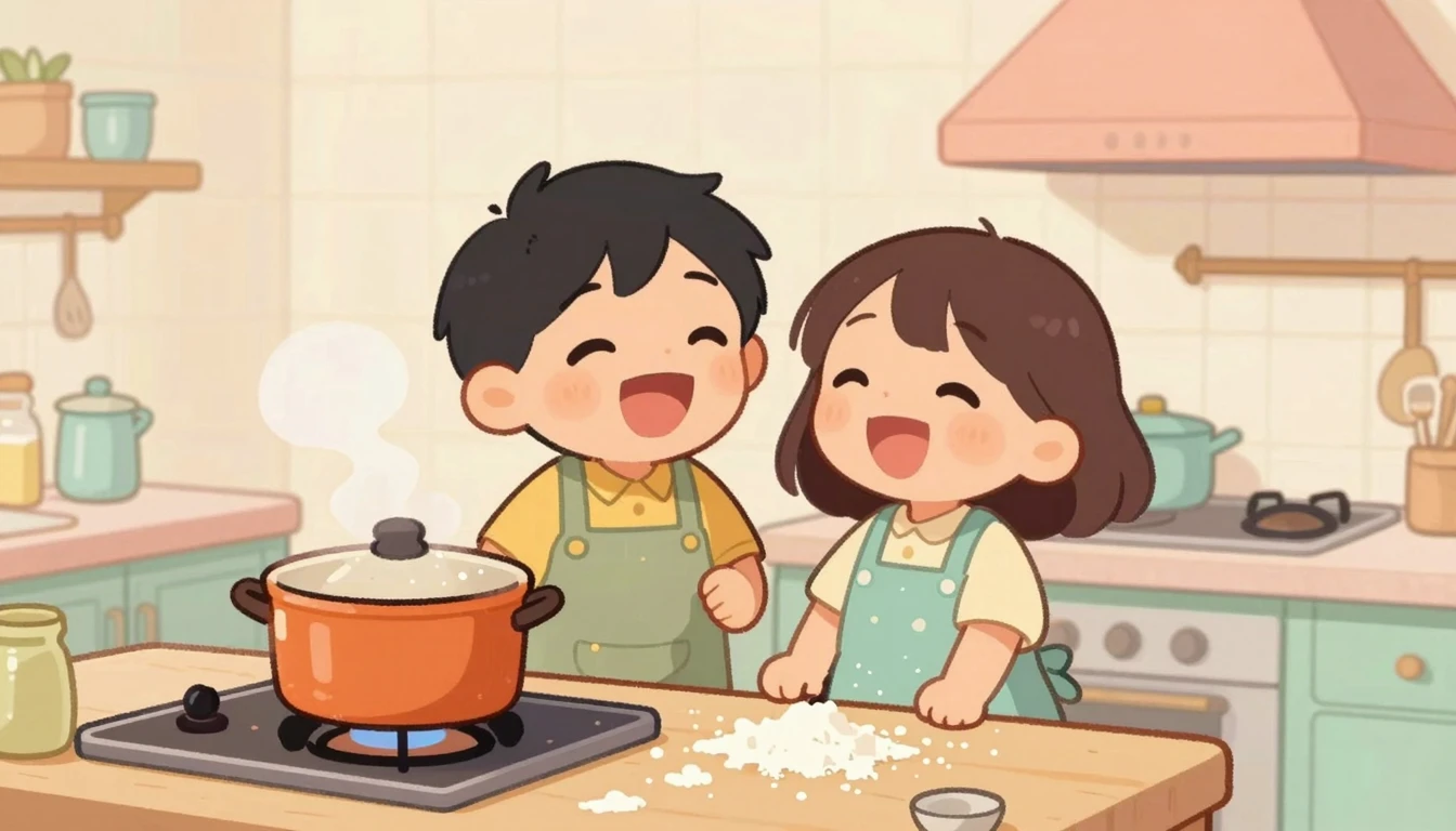 A whimsical cartoon illustration of a cute, affectionate cou...