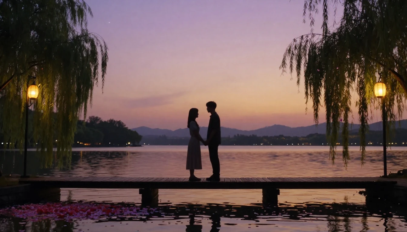 A romantic and ethereal scene featuring the silhouettes of a...