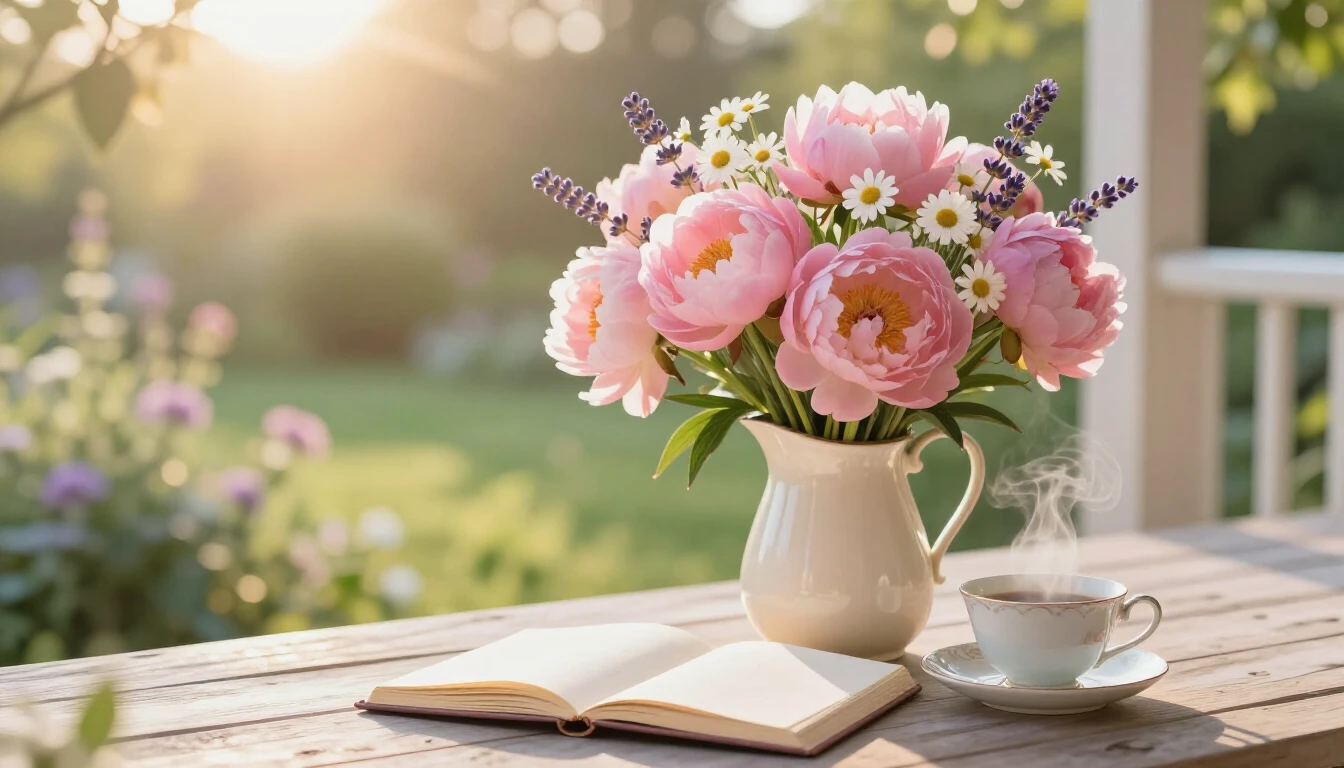 A delicate and heartwarming composition featuring a lush bou...