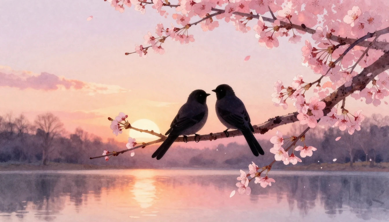 A warm and romantic watercolor painting depicting two silhou...