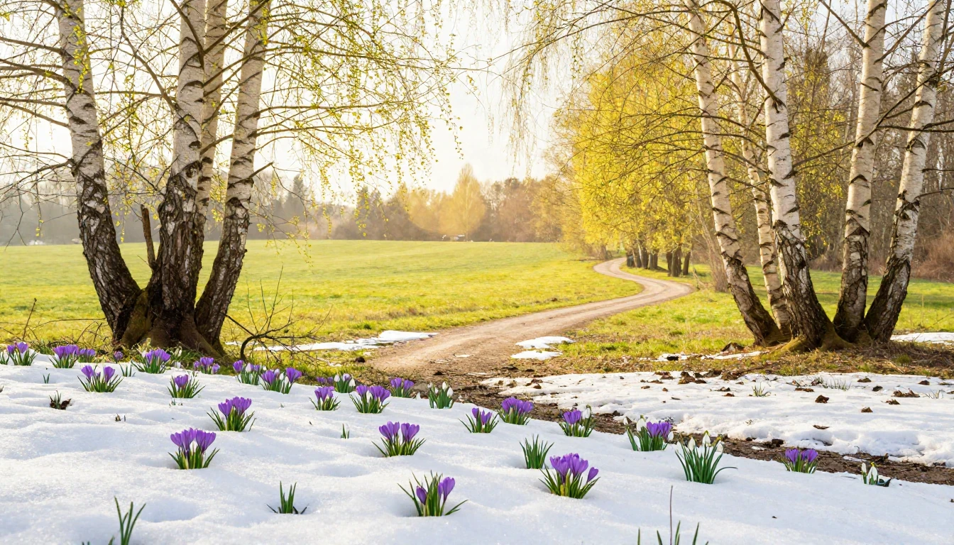A serene and soft spring landscape capturing the transition ...