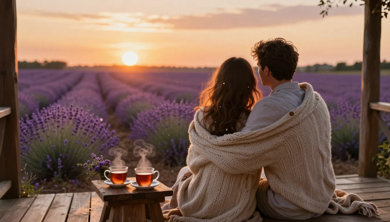 A romantic and cozy scene of two lovers sitting closely toge...
