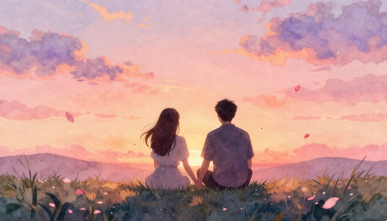 A romantic watercolor painting depicting a couple sitting on...