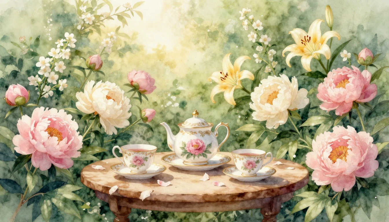 A beautiful, soft watercolor painting of a serene garden fil...