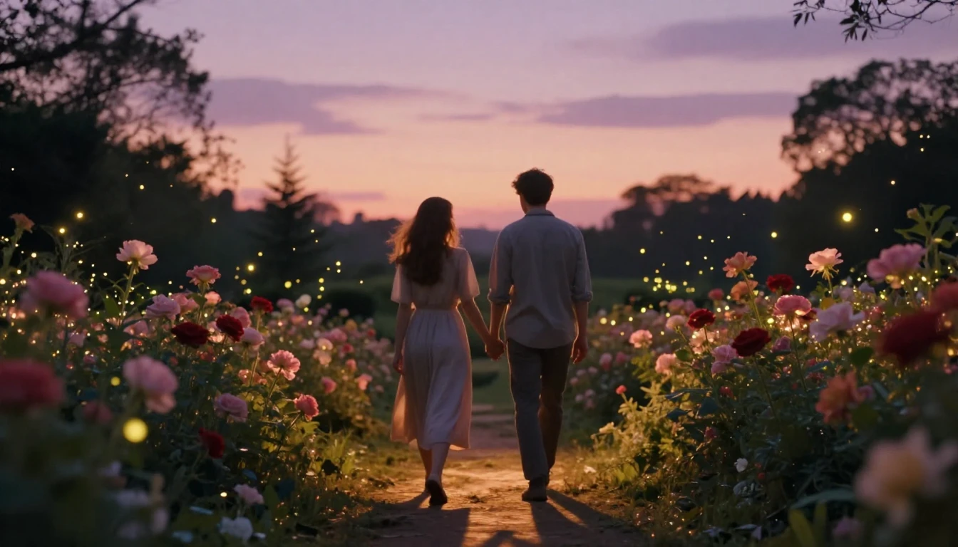 An intimate and romantic scene featuring two figures walking...