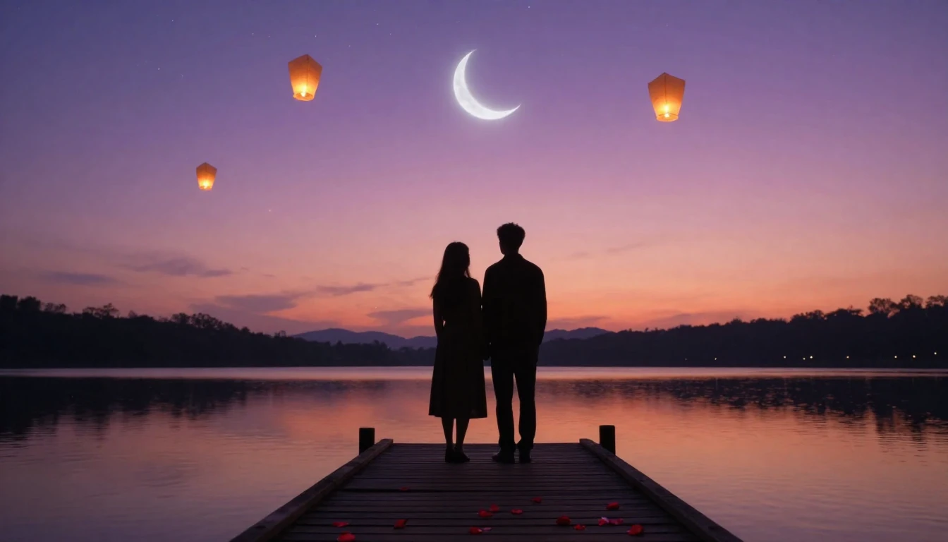 A warm and romantic scene depicting two silhouettes standing...