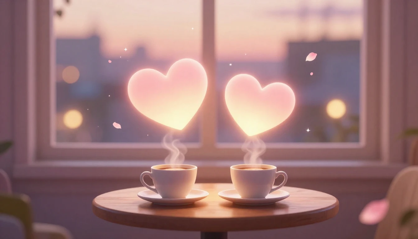 A romantic and cozy scene featuring two stylized glowing hea...