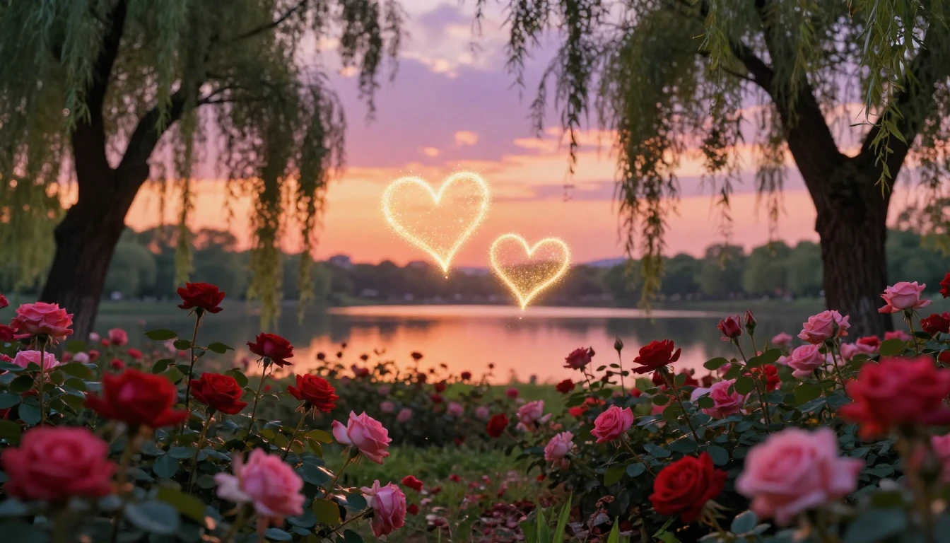 A dreamy and romantic garden scene during a soft golden hour...