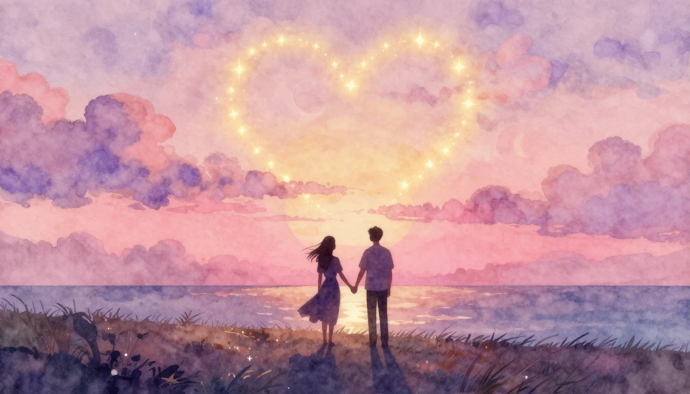 A soft and dreamy watercolor illustration depicting two silh...
