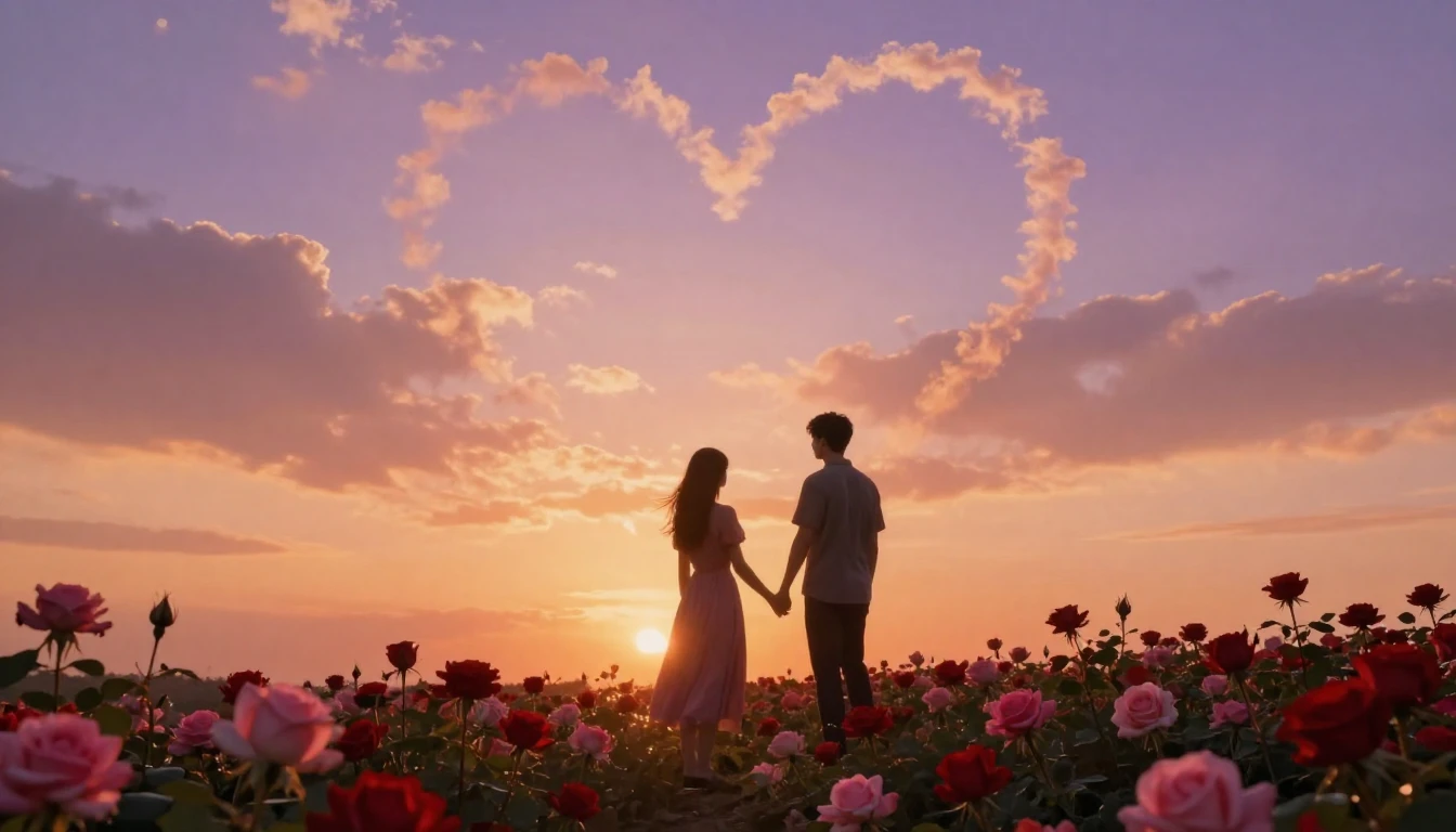 A romantic and dreamy scene depicting two silhouettes holdin...