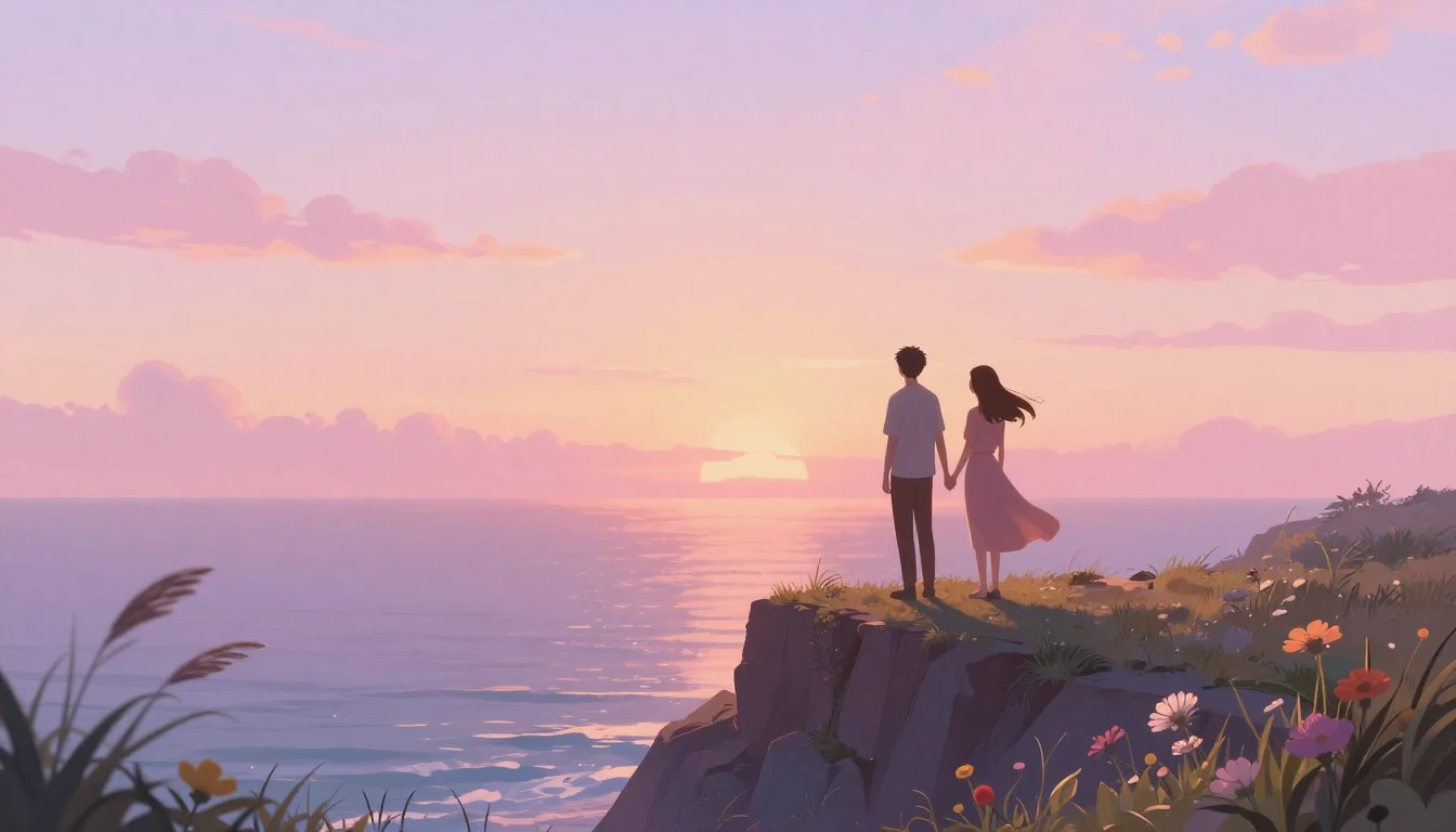 A romantic and soft illustration depicting two silhouettes o...