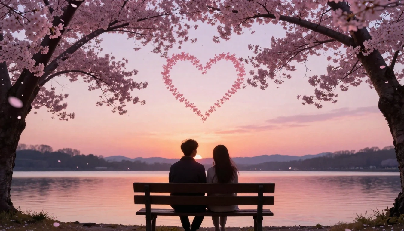 A romantic and dreamy scene depicting two silhouettes sittin...