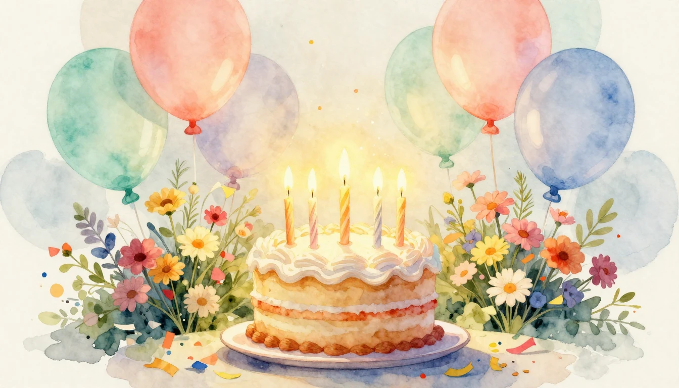 A festive and heartwarming birthday composition in soft wate...