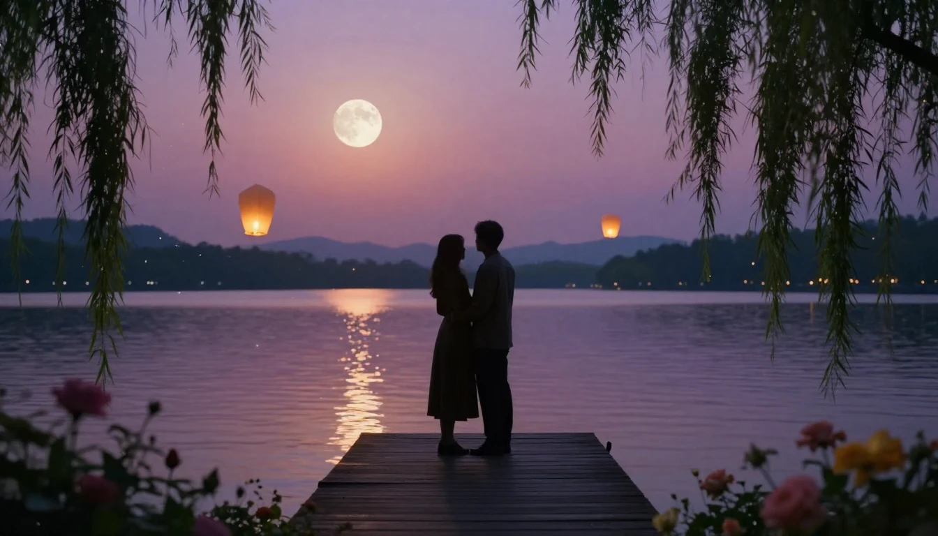 A romantic and dreamlike scene depicting two silhouettes sta...