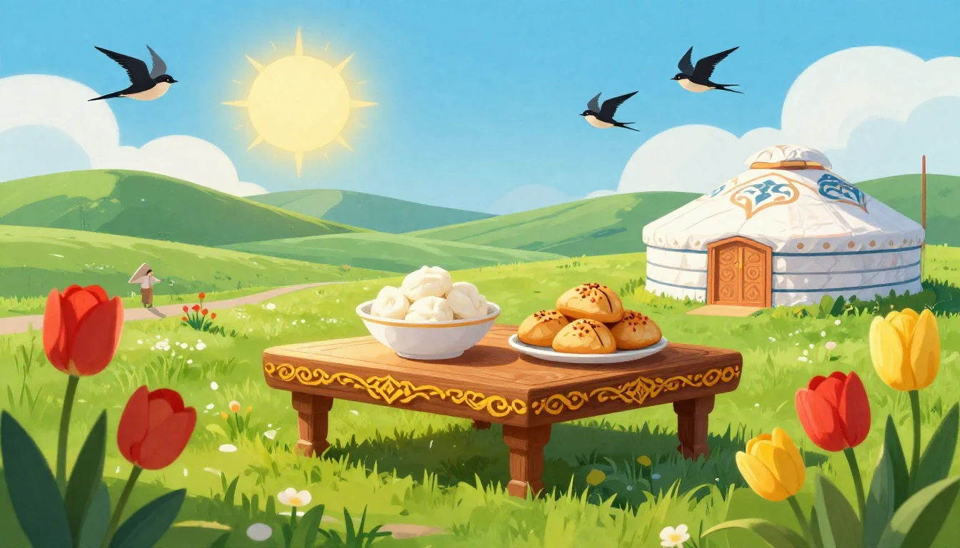 A vibrant digital art illustration of the Nauryz holiday cel...