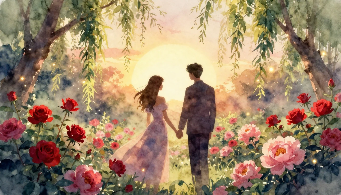 A romantic and dreamlike watercolor painting of two silhouet...