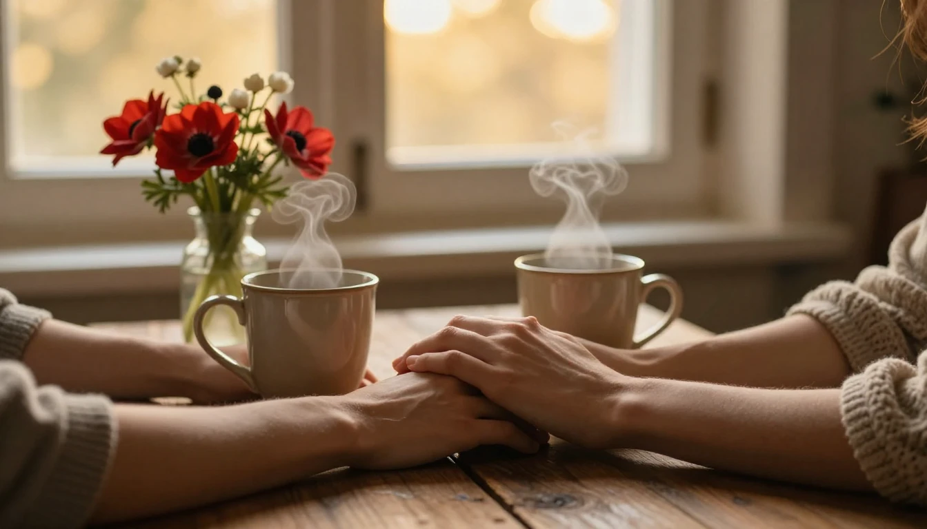 A romantic and cozy scene featuring two hands gently intertw...