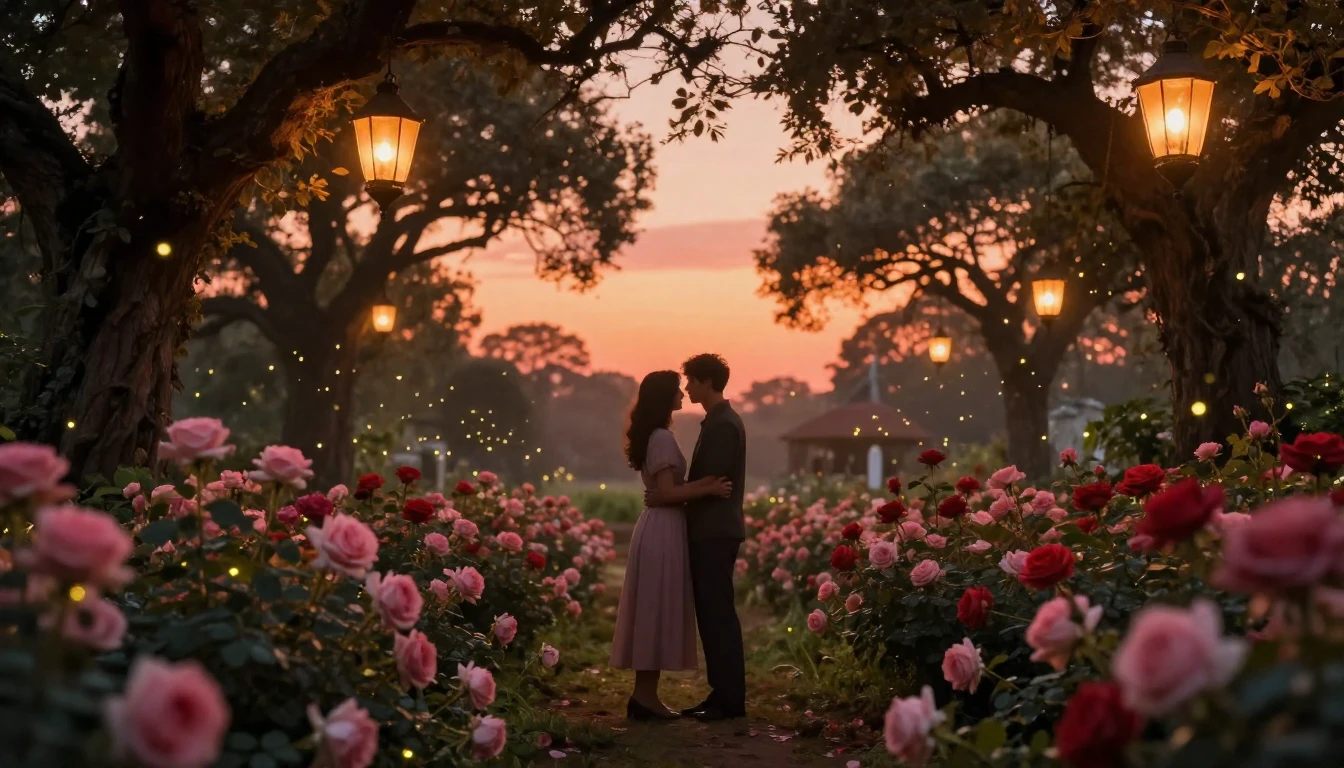 A romantic and warm scene featuring two silhouettes of a cou...