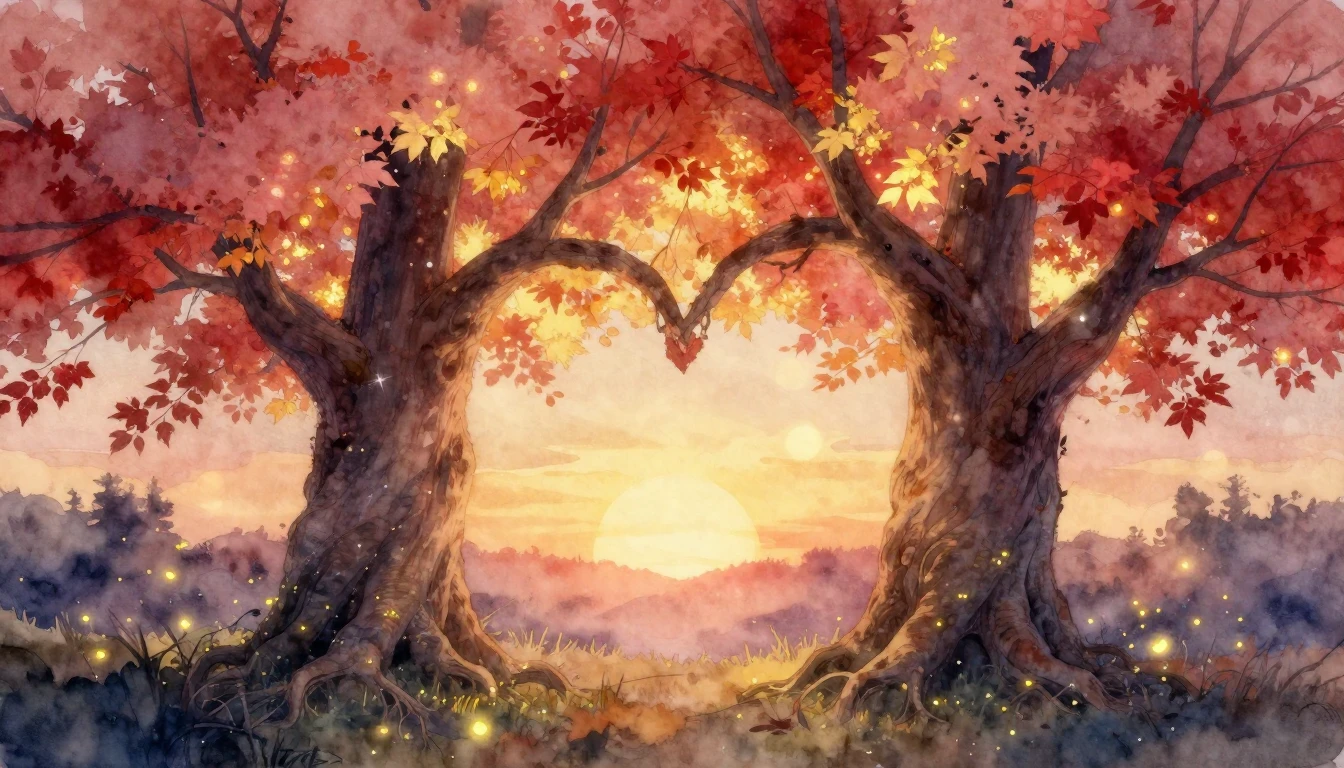 A romantic and ethereal watercolor painting depicting two la...