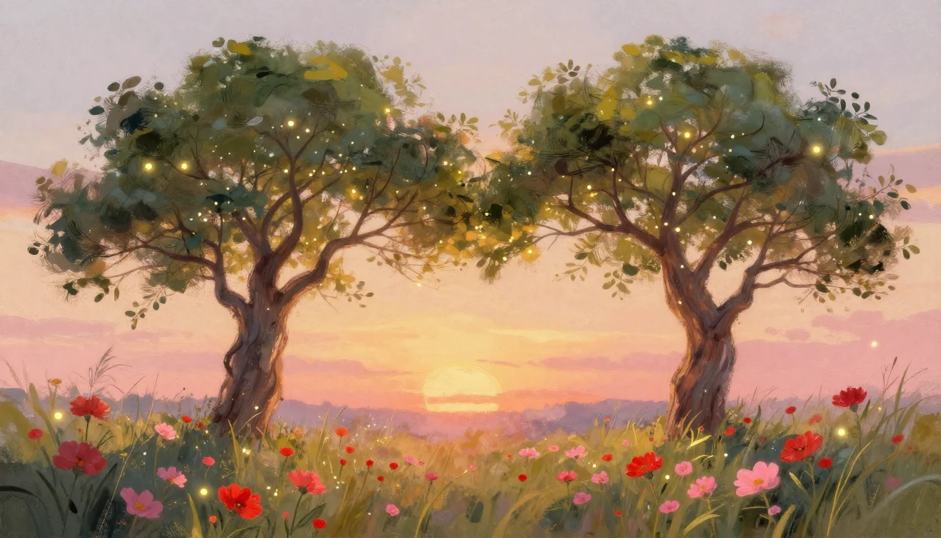 A whimsical and soft composition featuring two large intertw...