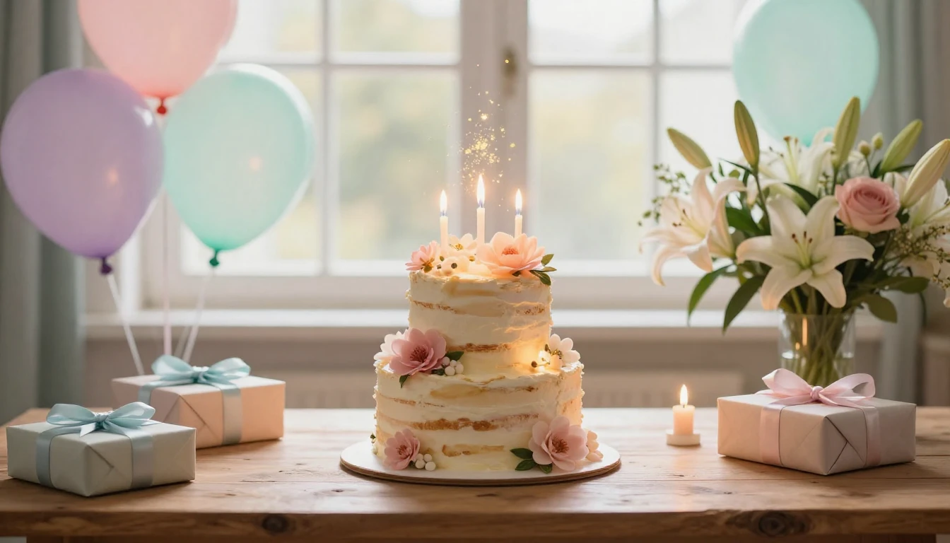 A cozy and warm birthday setting featuring a beautiful, mult...