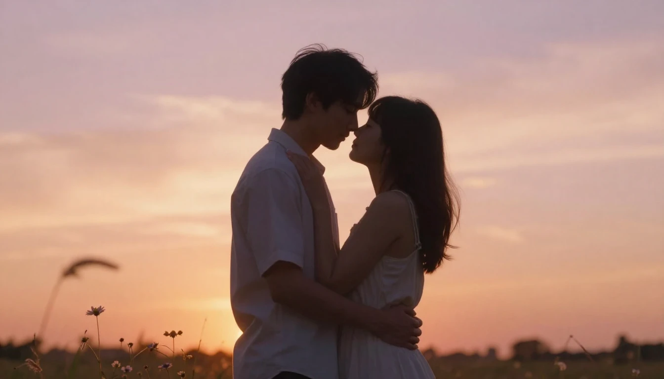 A romantic and tender scene of a couple embracing gently dur...