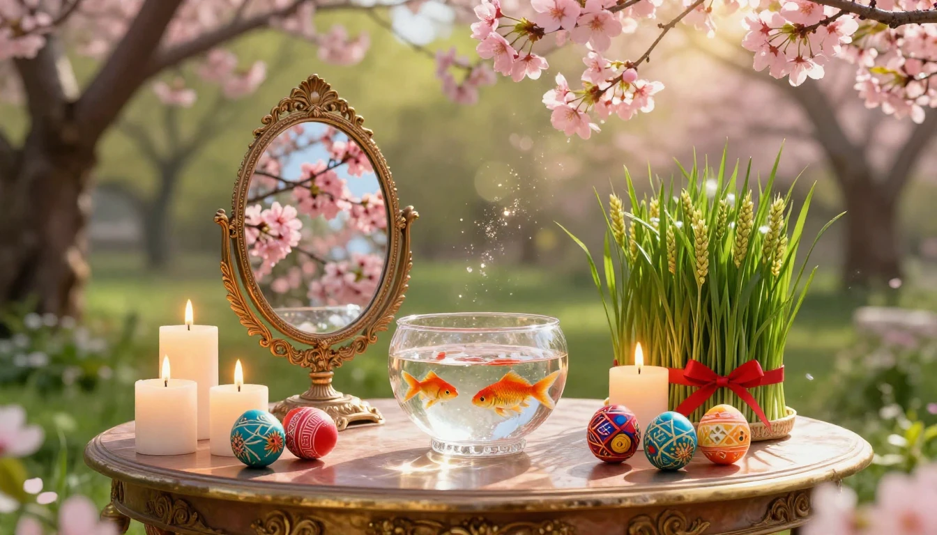 A magical spring garden setting celebrating the New Year. A ...