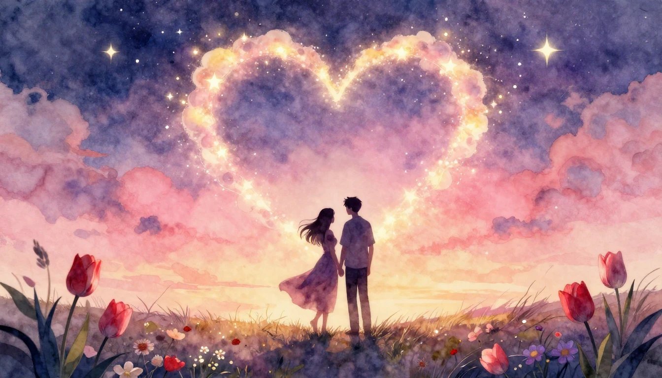 A romantic and dreamy watercolor illustration depicting two ...