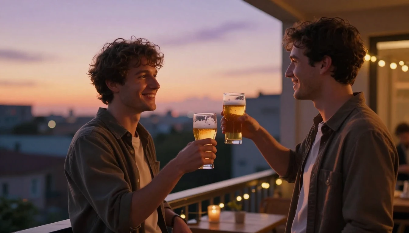 A warm and celebratory scene featuring two brothers standing...