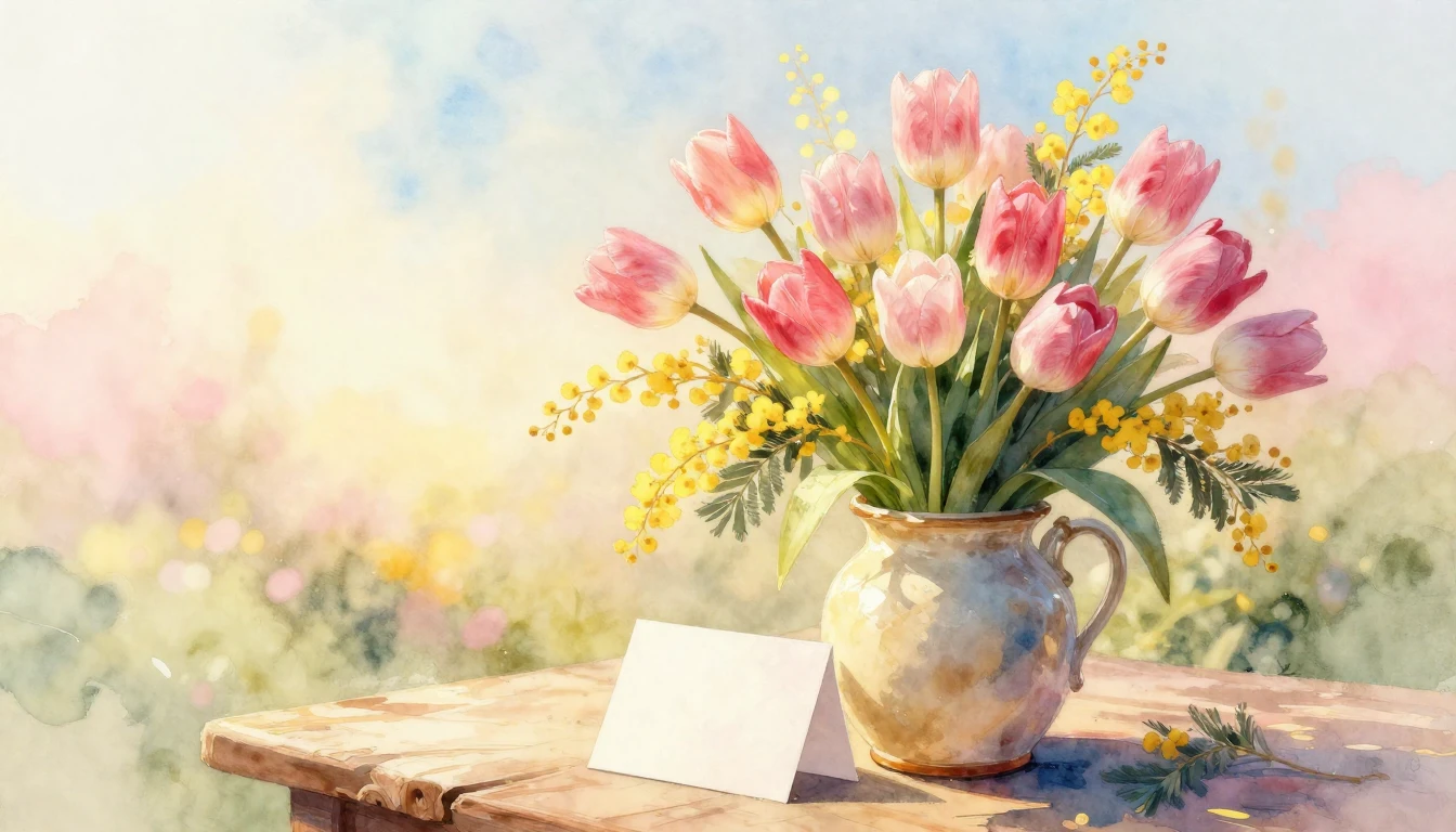 A soft and dreamy watercolor painting depicting a lush bouqu...