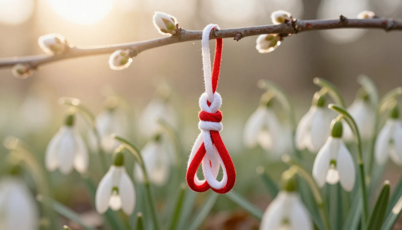 A delicate and detailed close-up of a traditional Mărțișor t...