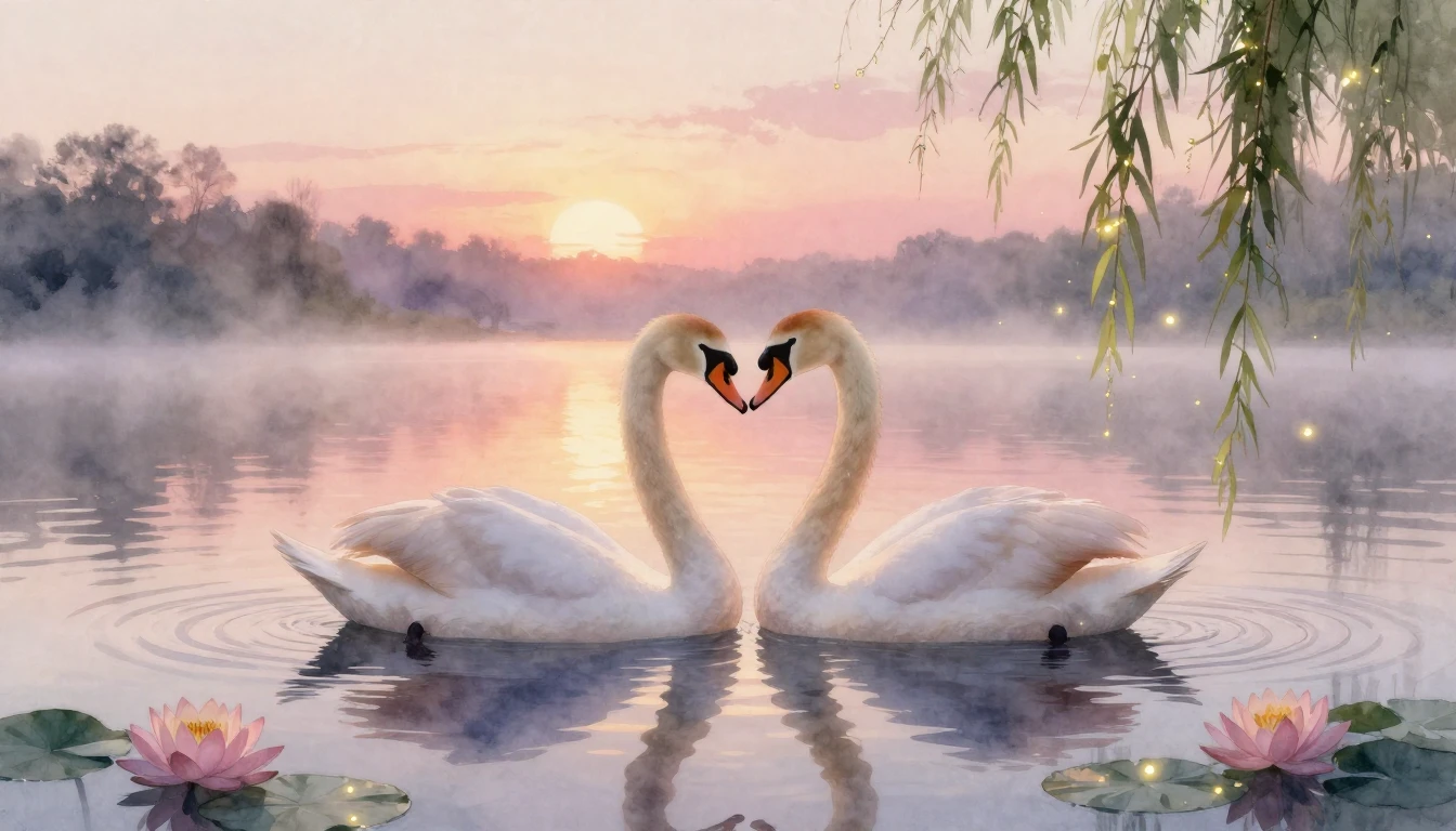 A romantic and ethereal watercolor illustration of two delic...