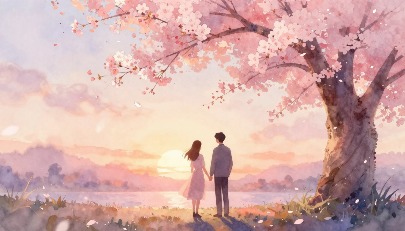 A dreamy and romantic watercolor painting of two silhouettes...