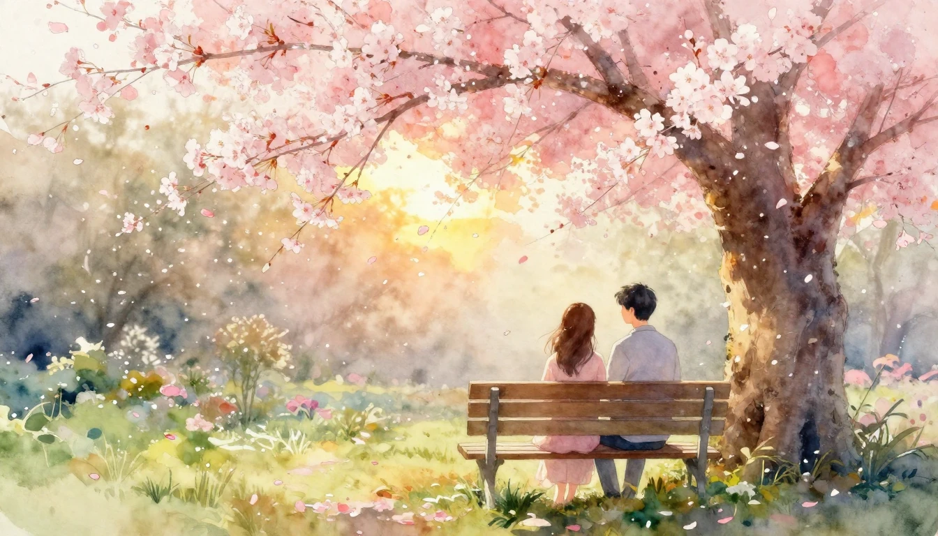 A romantic and dreamy watercolor painting depicting two love...