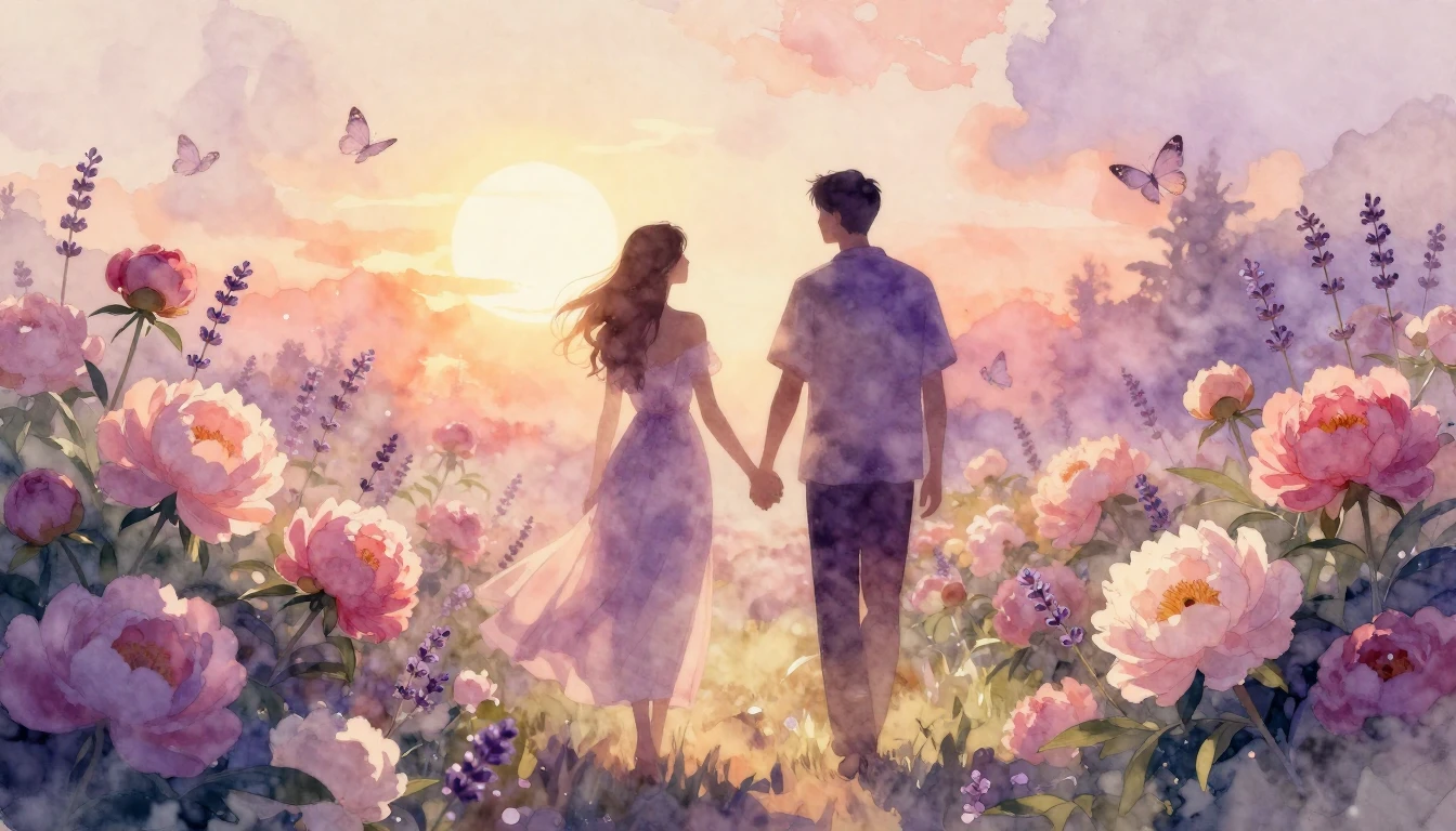 A dreamy and ethereal scene of two silhouetted figures holdi...